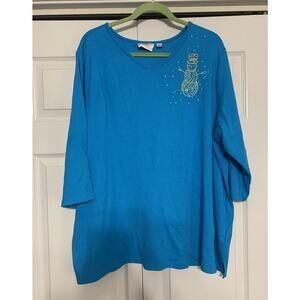 Quacker Factory Turquoise Aqua Blue Knit Tunic Top With A Rhinestone Snowman 3X